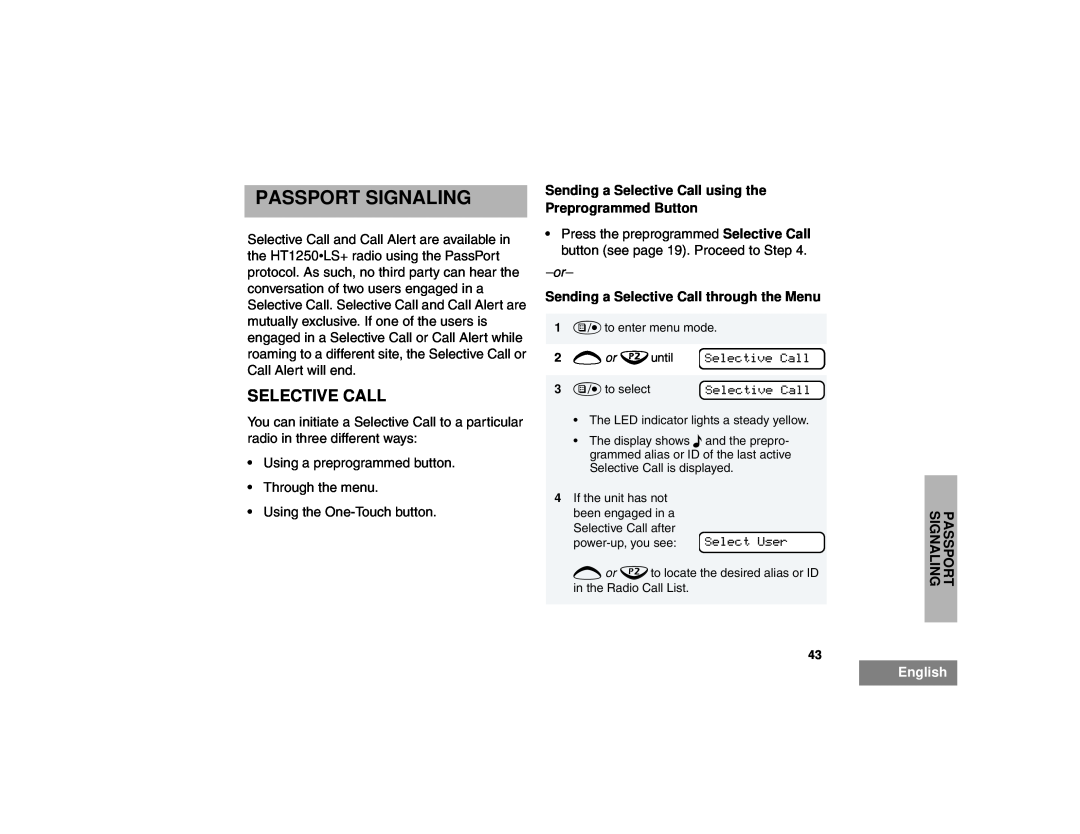 Motorola HT1250LS+ manual Passport Signaling, Sending a Selective Call through the Menu, Select User, English 