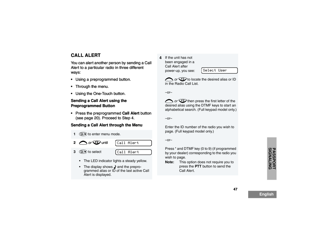 Motorola HT1250LS+ manual Sending a Call Alert using the, Preprogrammed Button, Sending a Call Alert through the Menu 
