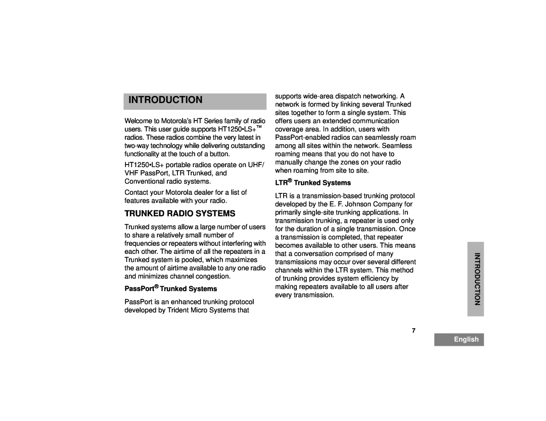 Motorola HT1250LS+ manual Introduction, Trunked Radio Systems, PassPort Trunked Systems, LTR Trunked Systems, English 