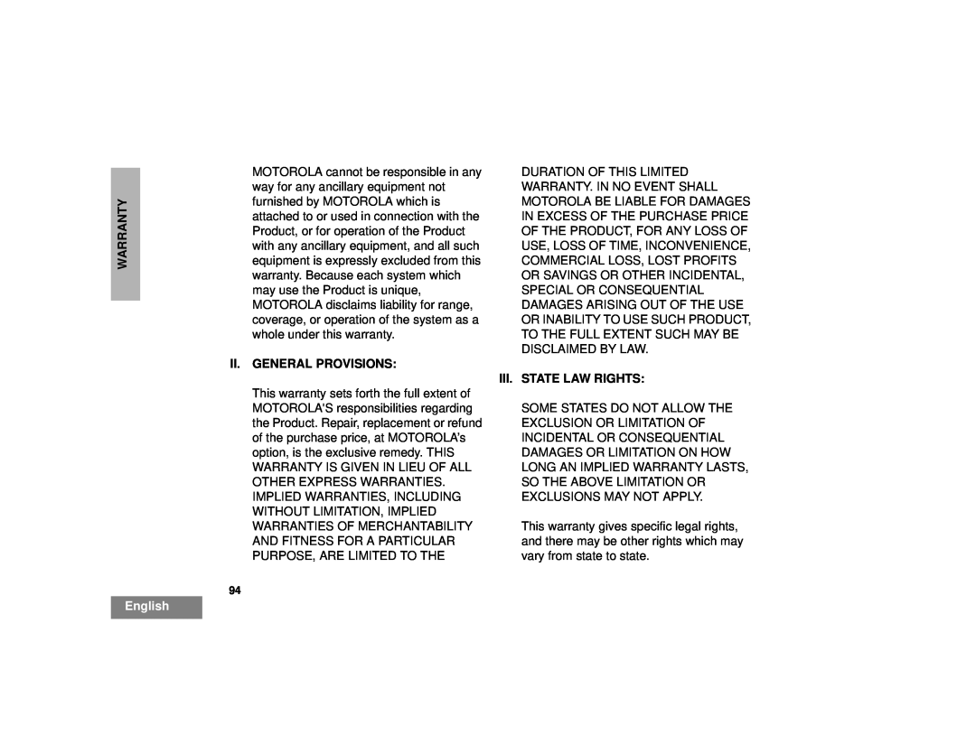 Motorola HT1250LS+ manual Ii.General Provisions, Iii.State Law Rights, Warranty, English 