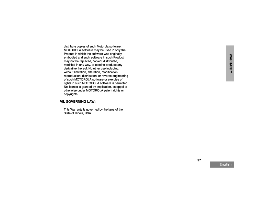 Motorola HT1250LS+ manual Vii. Governing Law, Warranty, English 