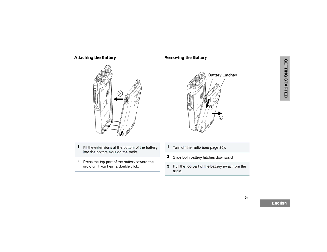 Motorola HT1550XLS manual Attaching the Battery Removing the Battery 