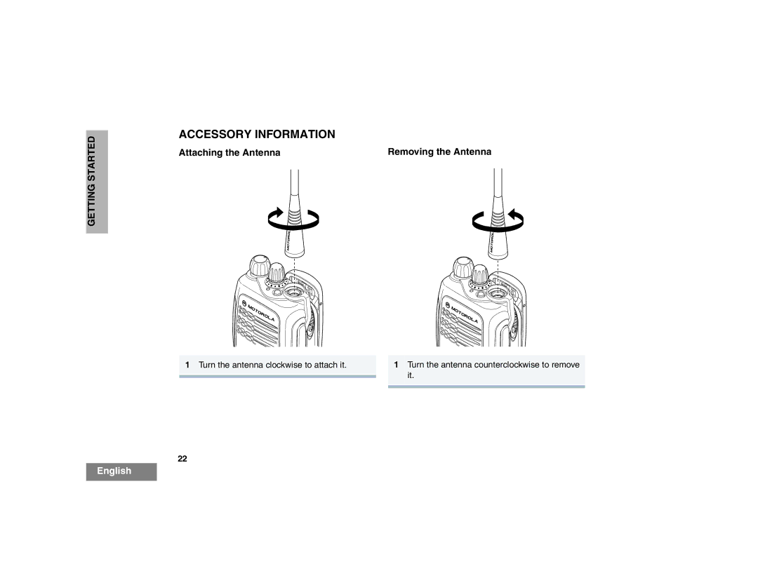 Motorola HT1550XLS manual Accessory Information, Attaching the Antenna Removing the Antenna 