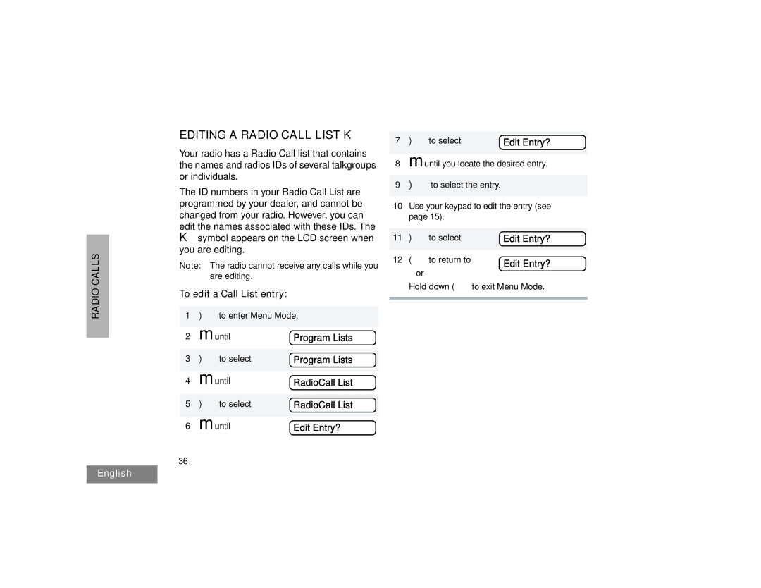 Motorola HT1550XLS Editing a Radio Call List K, To edit a Call List entry, Program Lists, RadioCall List, Edit Entry? 