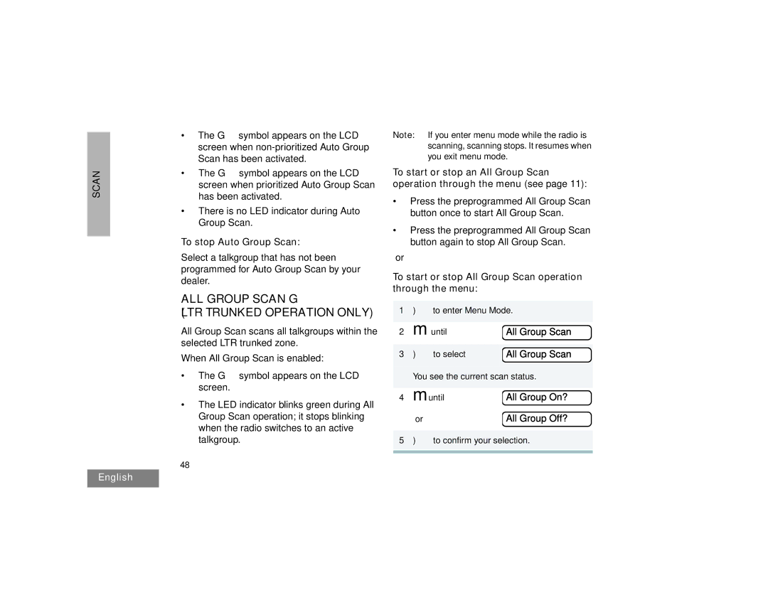 Motorola HT1550XLS manual ALL Group Scan G LTR Trunked Operation only, All Group Scan, All Group On?, All Group Off? 