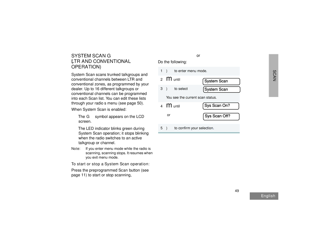 Motorola HT1550XLS System Scan G LTR and Conventional Operation, To start or stop a System Scan operation, Sys Scan On? 