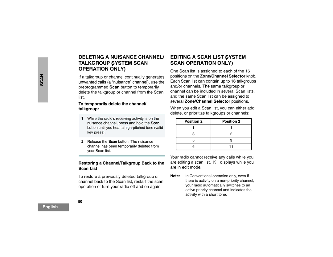 Motorola HT1550XLS Editing a Scan List System Scan Operation only, To temporarily delete the channel/ talkgroup, Position 