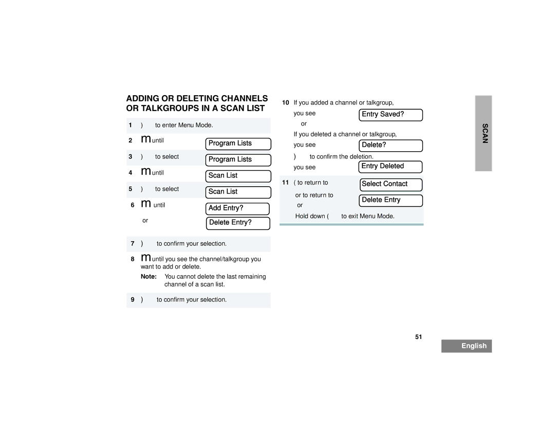 Motorola HT1550XLS manual Adding or Deleting Channels or Talkgroups in a Scan List, Add Entry? 