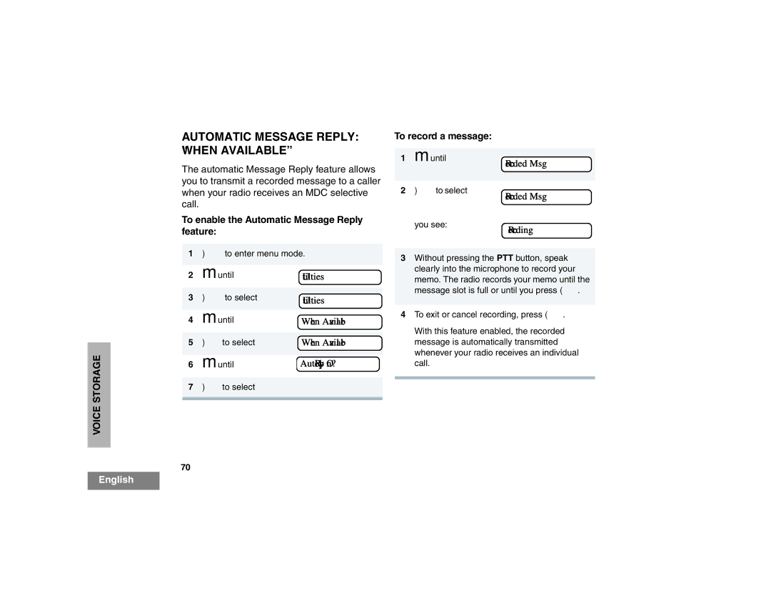 Motorola HT1550XLS manual Automatic Message Reply When Available, AutoReply On?, Recorded Msg 