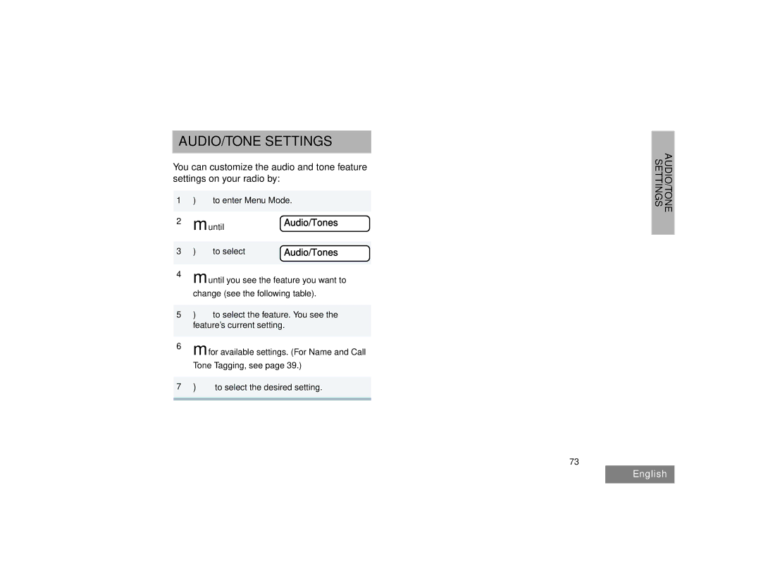 Motorola HT1550XLS manual AUDIO/TONE Settings, Audio/Tones 