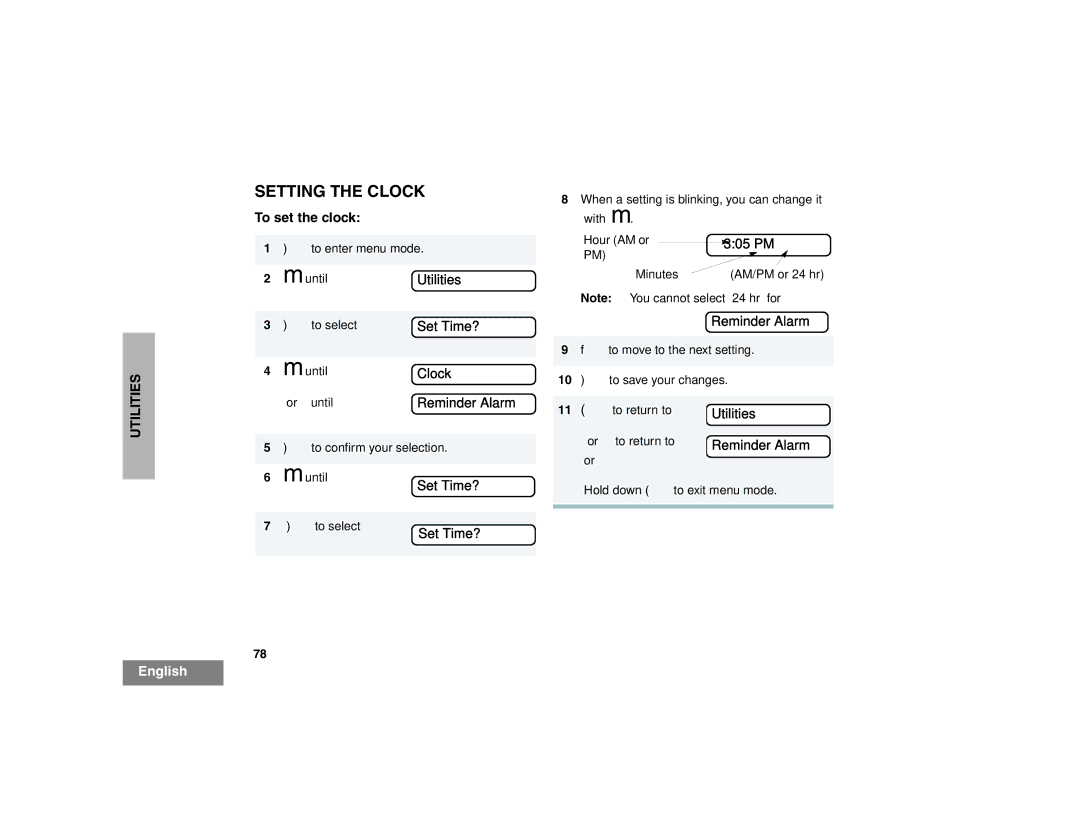 Motorola HT1550XLS manual Setting the Clock, To set the clock, Set Time?, Reminder Alarm 