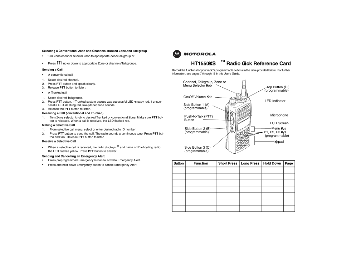 Motorola manual HT1550XLS Radio Quick Reference Card 