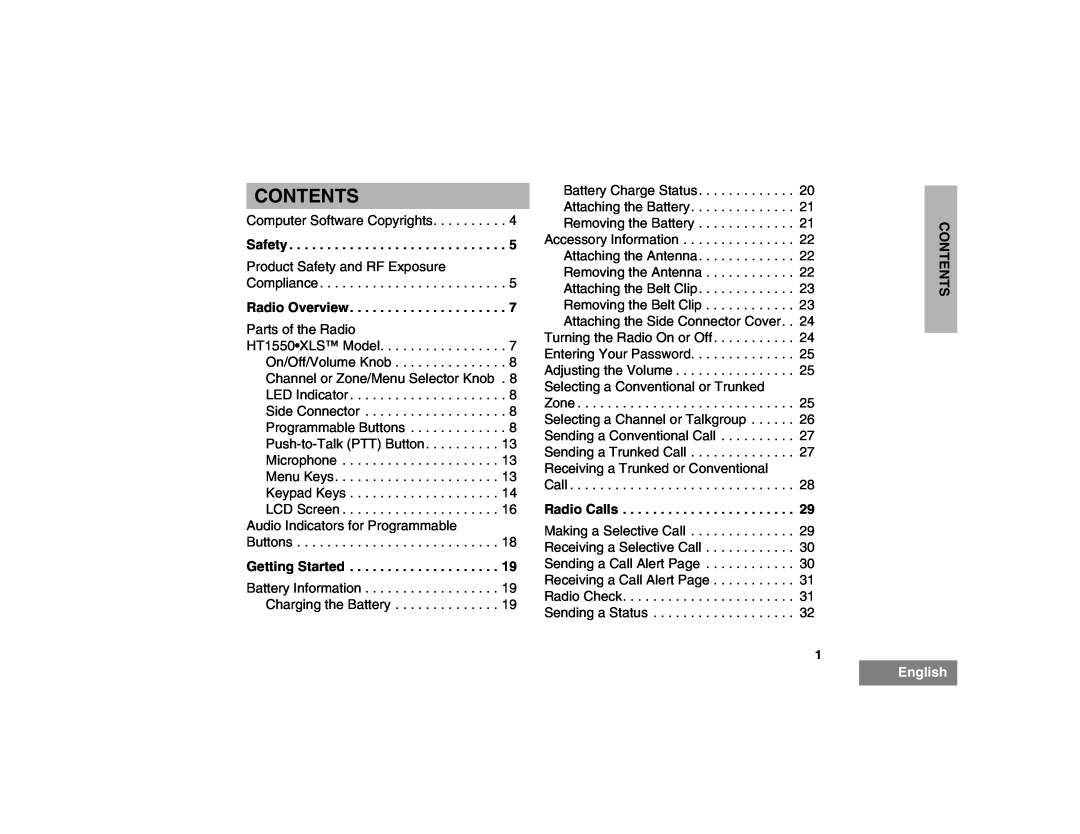 Motorola HT1550XLS manual Contents, English 