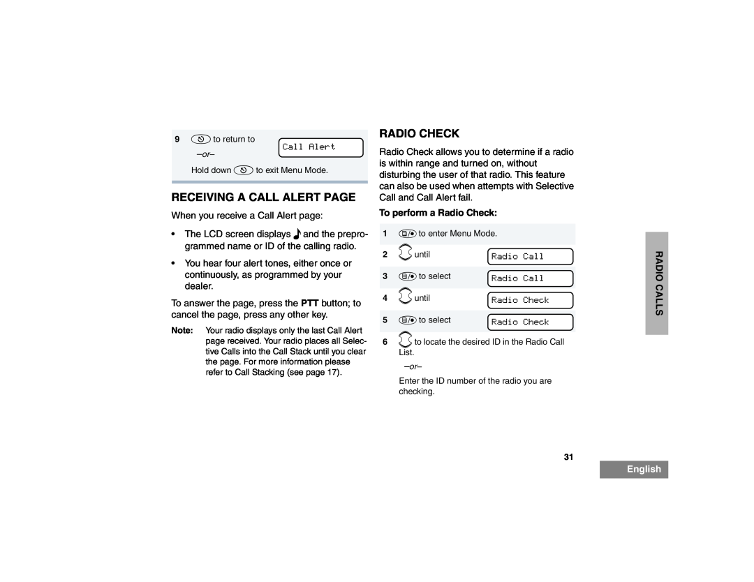 Motorola HT1550XLS manual Receiving A Call Alert Page, To perform a Radio Check, Radio Calls, English 