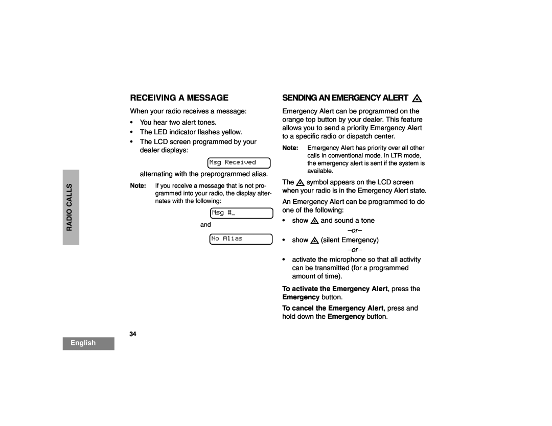 Motorola HT1550XLS manual Receiving A Message, Sending An Emergency Alert E, Radio Calls, English 
