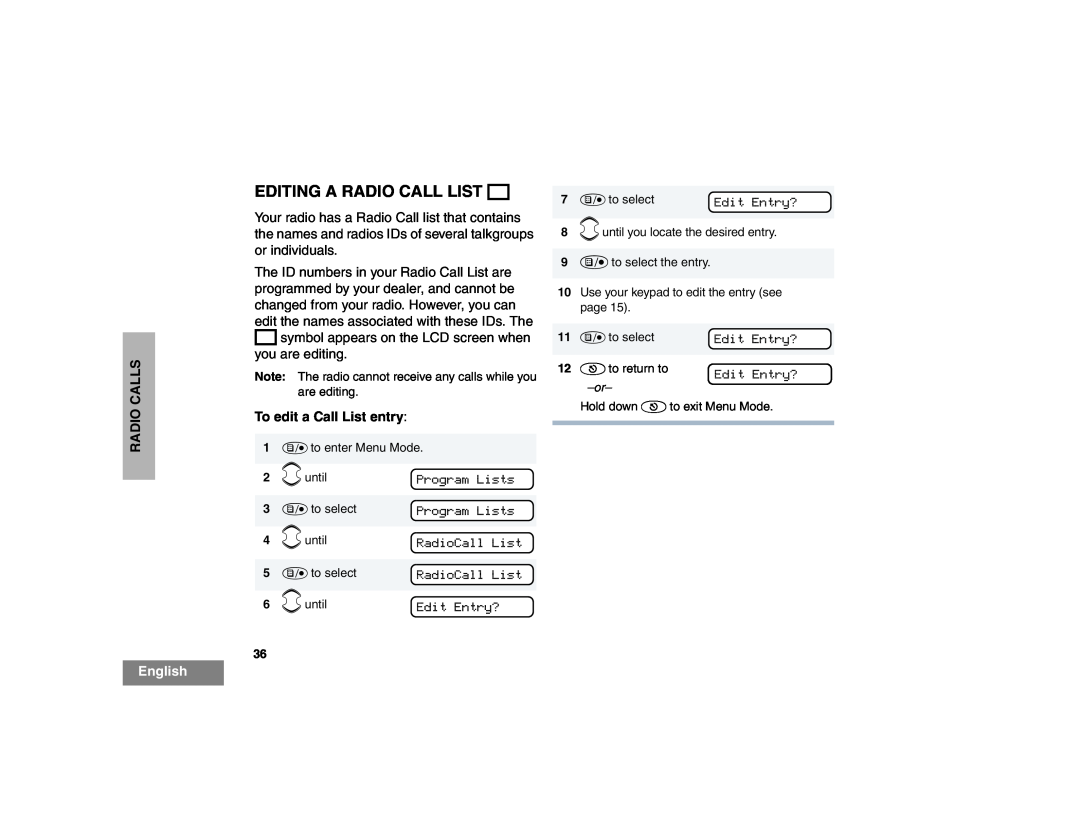 Motorola HT1550XLS manual Editing A Radio Call List K, To edit a Call List entry, Radio Calls, English 