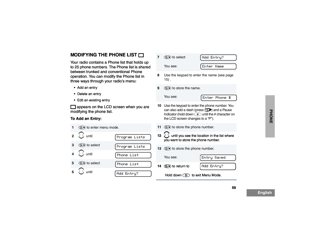 Motorola HT1550XLS manual Modifying The Phone List K, To Add an Entry, English 