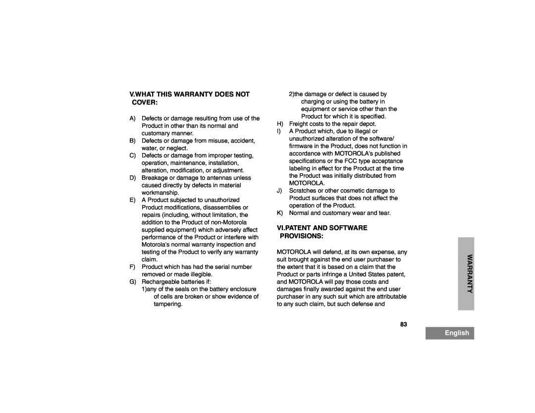 Motorola HT1550XLS manual V.What This Warranty Does Not Cover, Vi.Patent And Software Provisions, English 