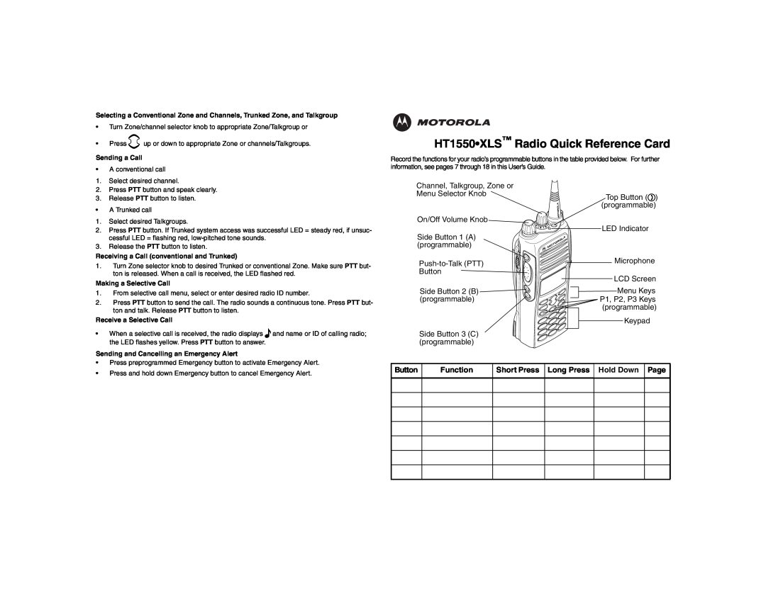Motorola manual HT1550XLS Radio Quick Reference Card, Function, Short Press Long Press, Hold Down Page 