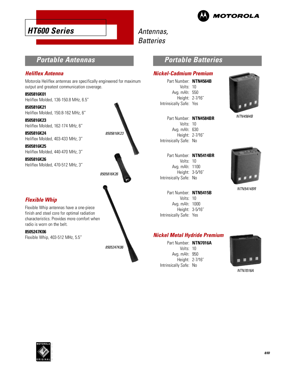 Motorola HT600 Series manual Portable Antennas, Portable Batteries 