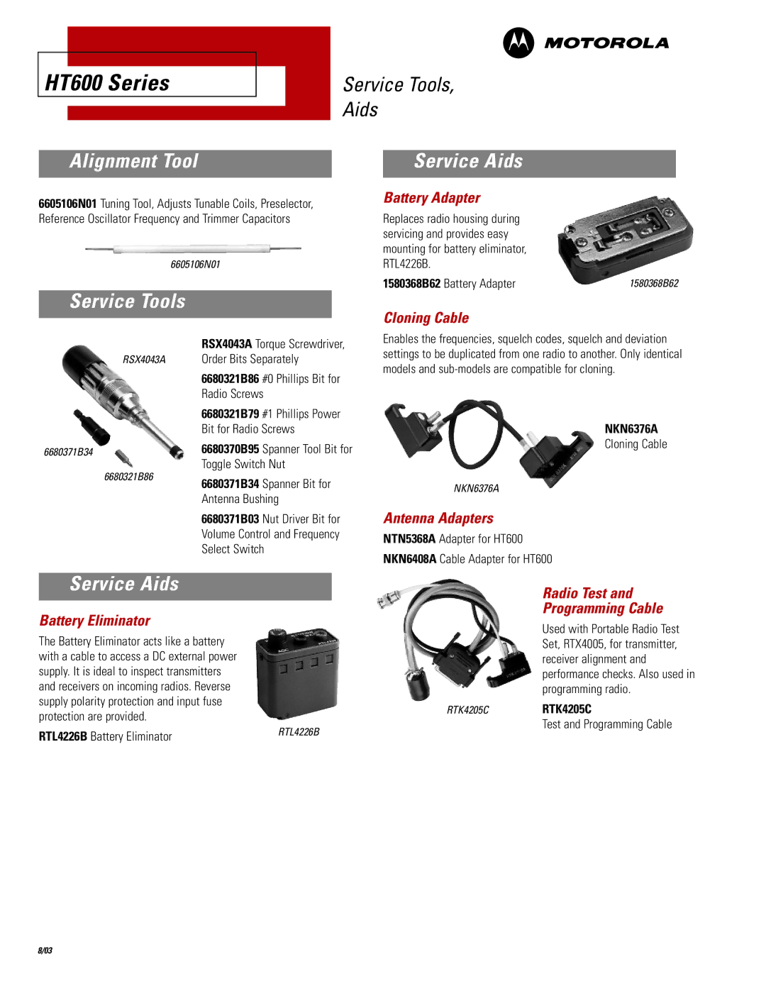 Motorola HT600 Series manual Alignment Tool, Service Aids, Service Tools 