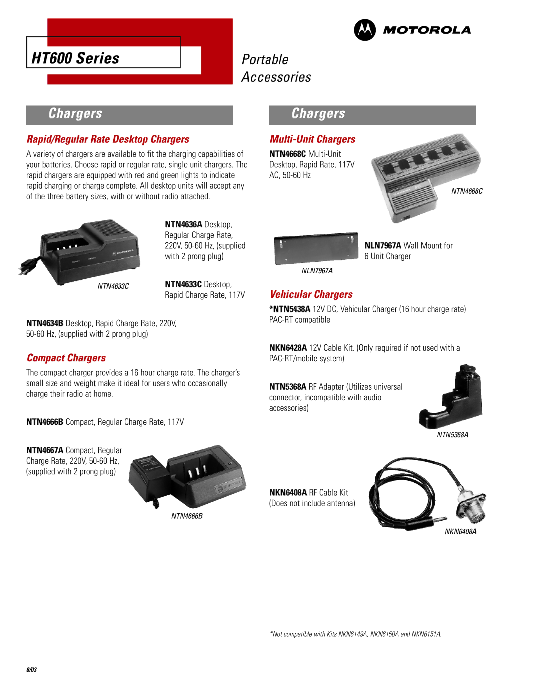 Motorola HT600 Series manual Rapid/Regular Rate Desktop Chargers, Compact Chargers 