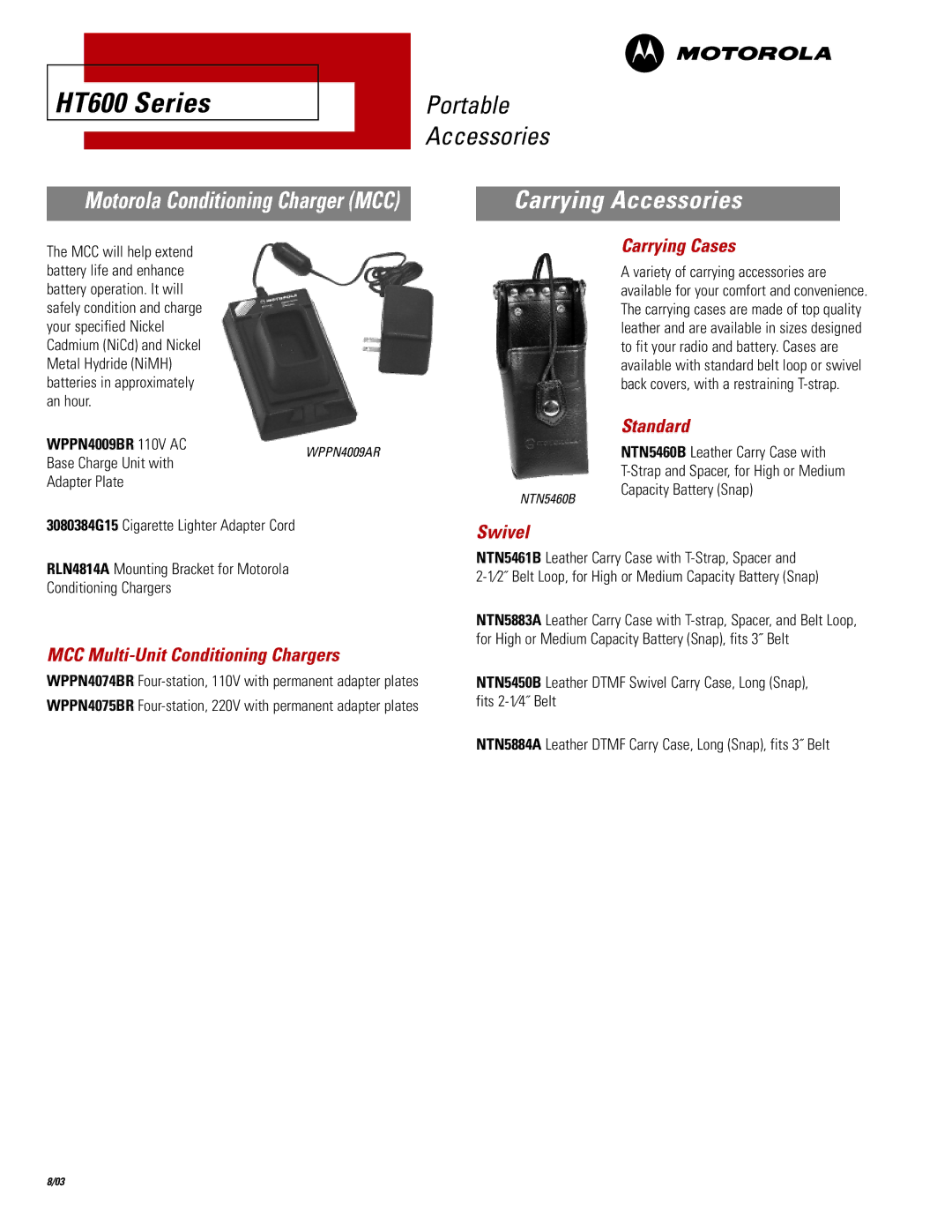 Motorola HT600 Series manual Carrying Accessories, Carrying Cases, Standard, MCC Multi-Unit Conditioning Chargers, Swivel 