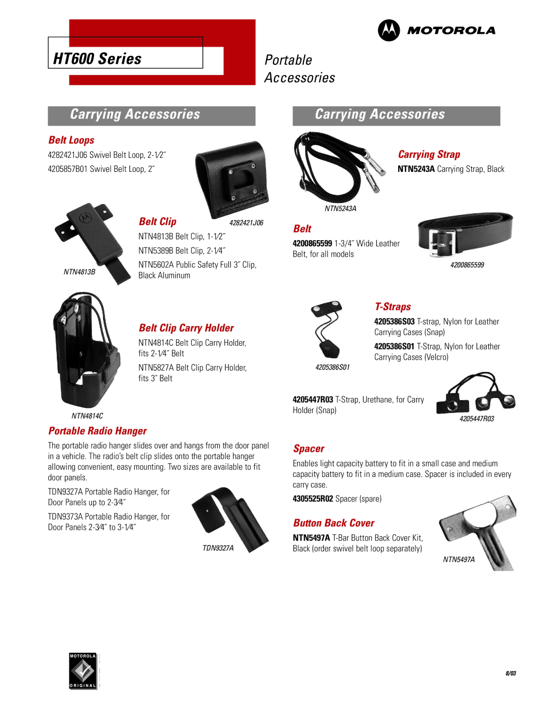 Motorola HT600 Series manual Belt Loops, Carrying Strap, Belt Clip Carry Holder, Straps, Portable Radio Hanger, Spacer 