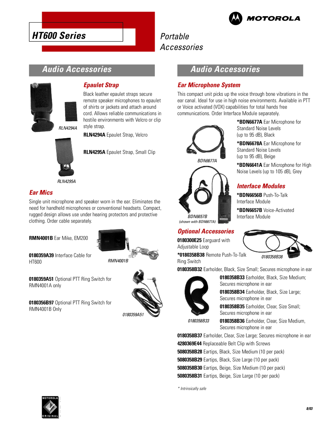 Motorola HT600 Series manual Epaulet Strap, Ear Mics, Ear Microphone System, Interface Modules, Optional Accessories 