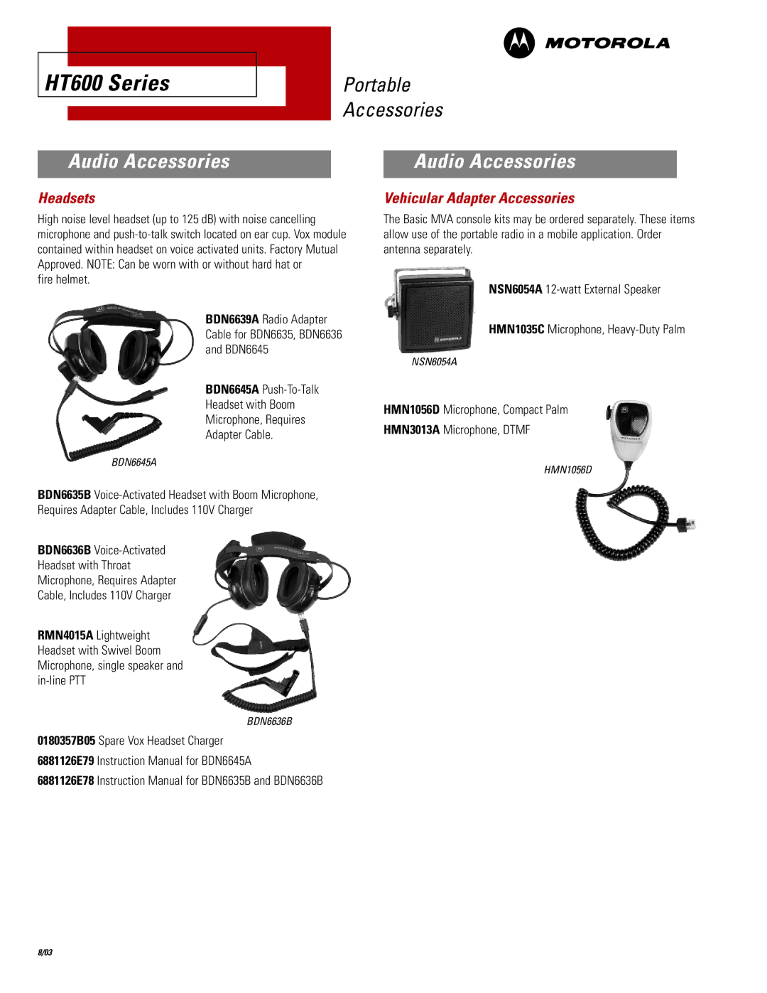 Motorola HT600 Series manual Headsets, Vehicular Adapter Accessories 