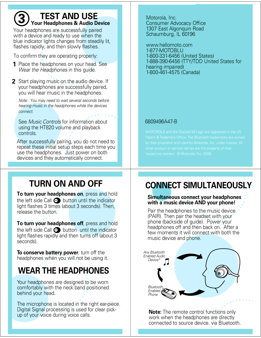 Motorola HT820 manual Test and USE, Turn on and OFF, Wear the Headphones 