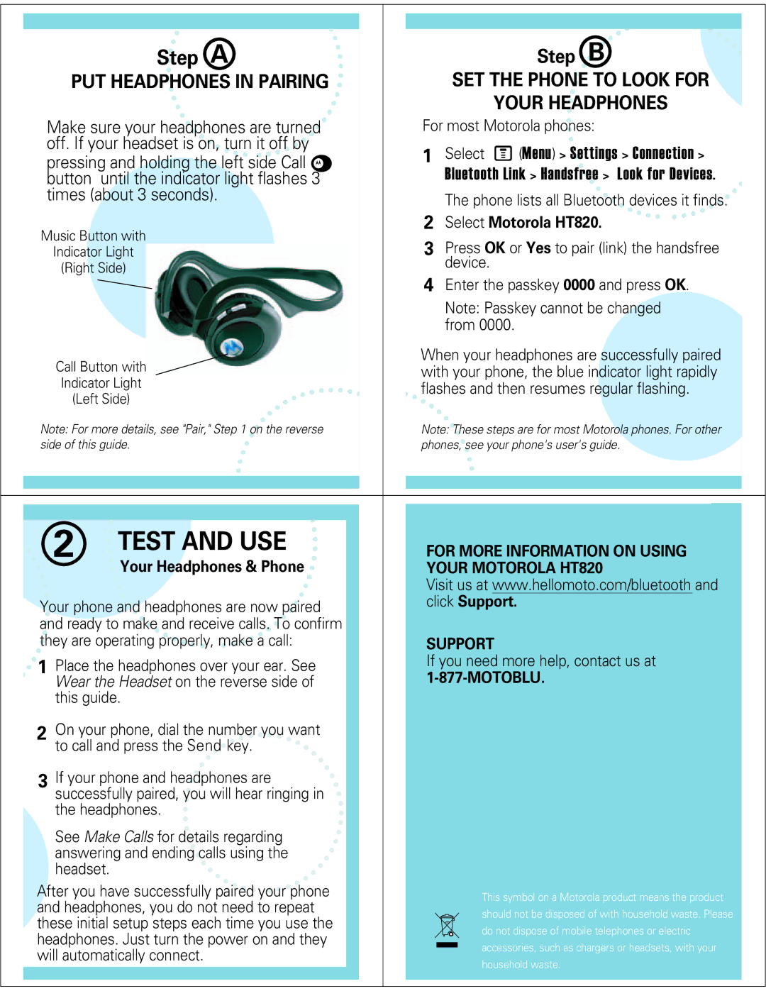 Motorola manual Select Motorola HT820, Your Headphones & Phone, Click Support, Motoblu 