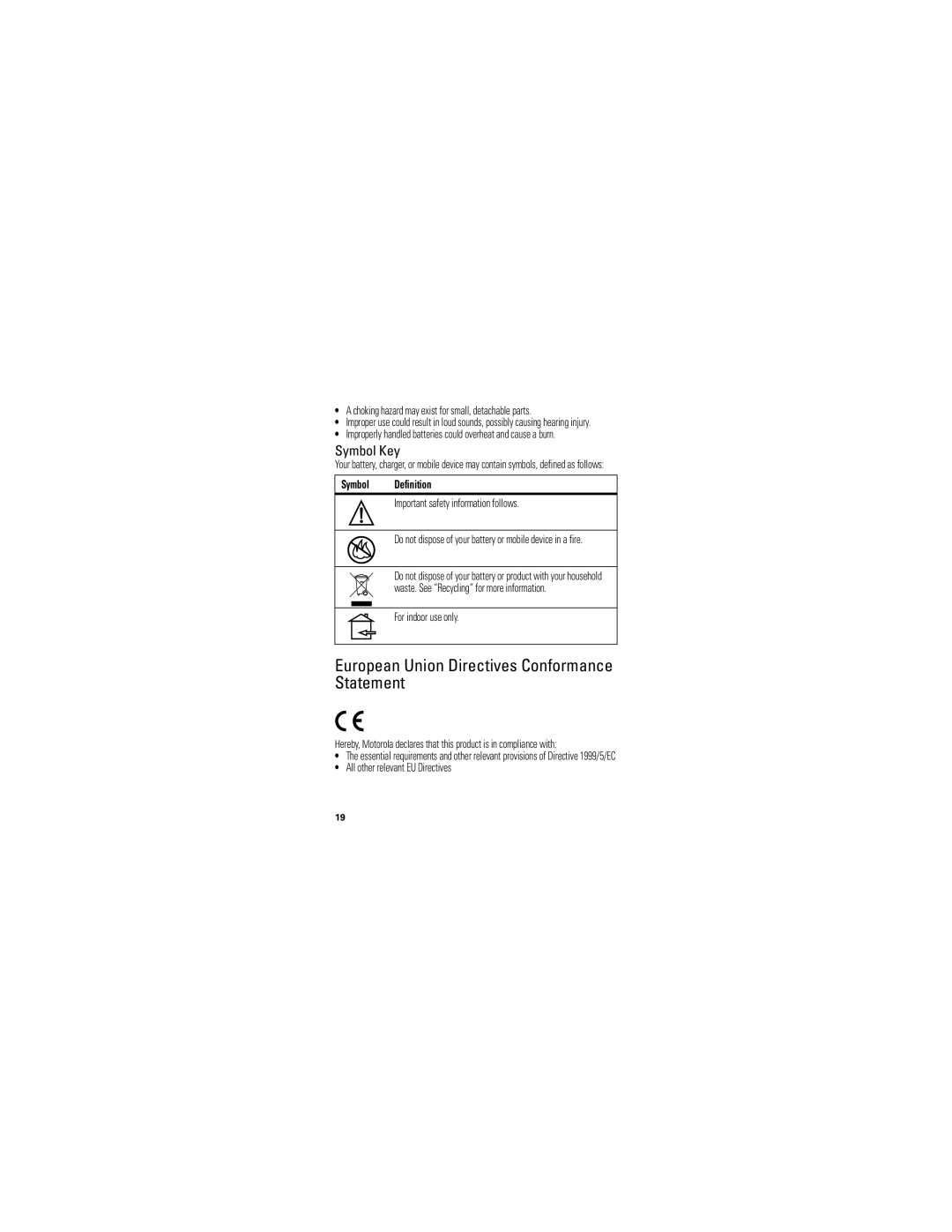 Motorola HX520 European Union Directives Conformance Statement, Symbol Key, Symbol Definition, For indoor use only 