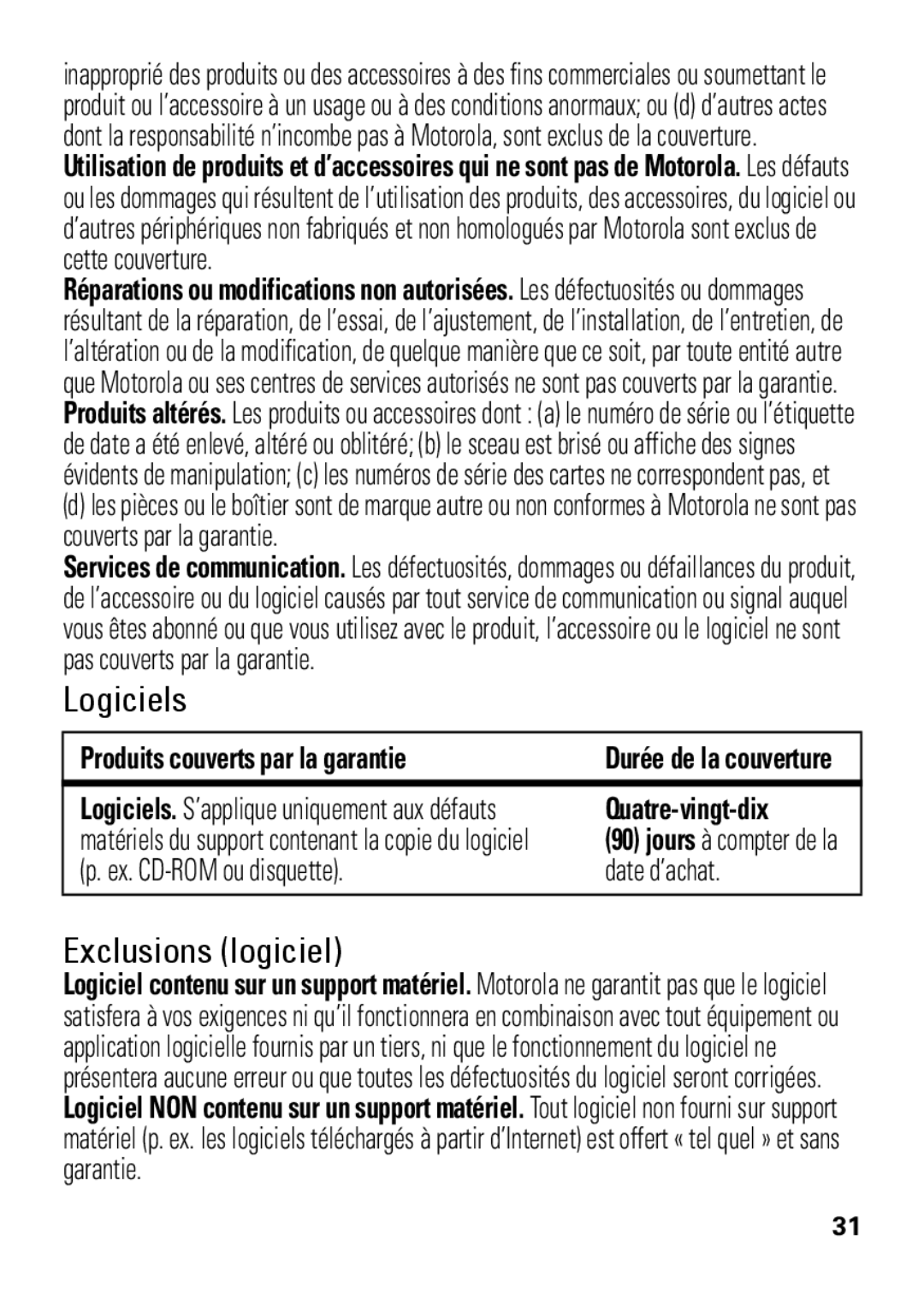 Motorola HX550 manual Produits couverts par la garantie, Quatre-vingt-dix, Ex. CD-ROM ou disquette Date d’achat 