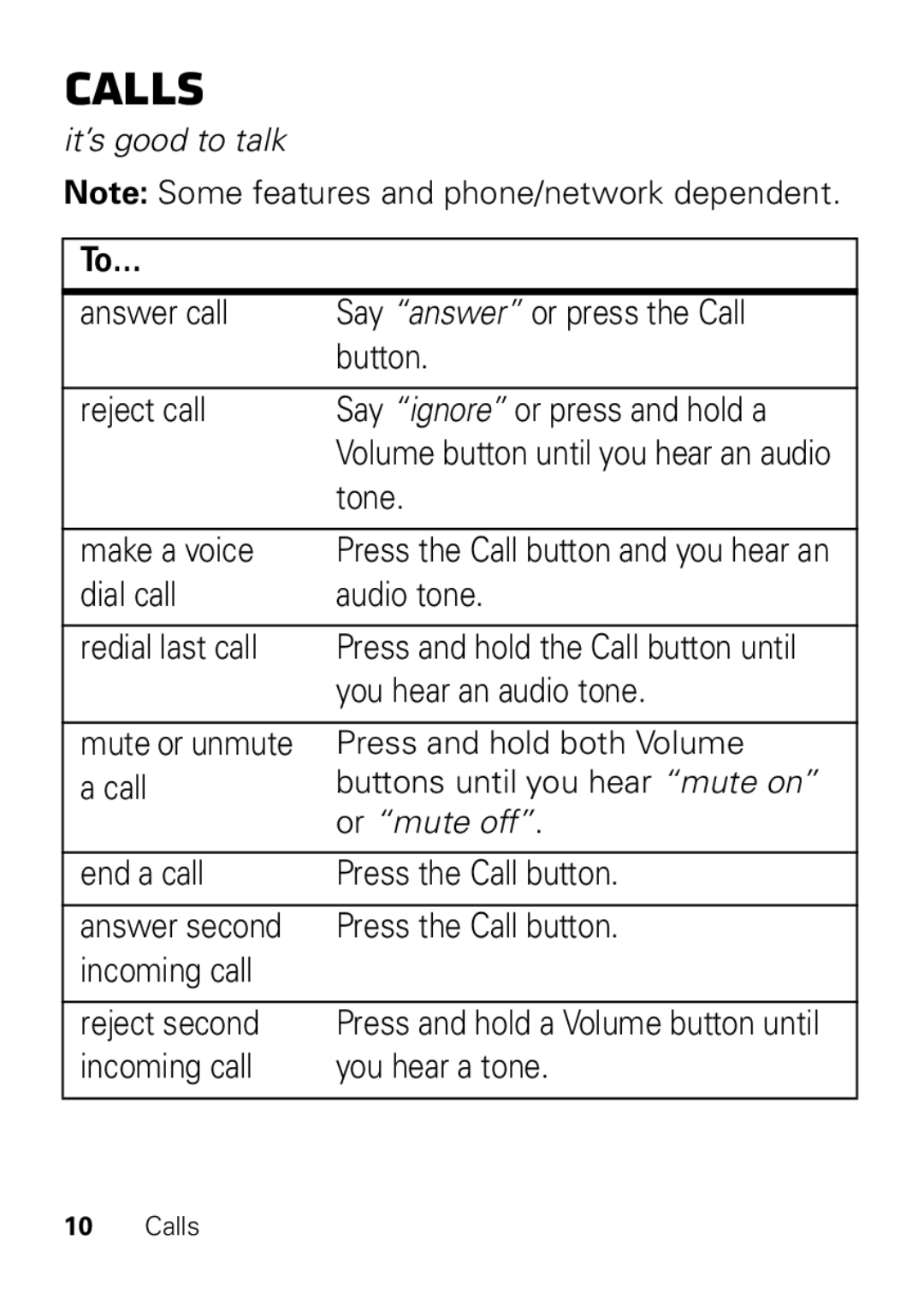 Motorola HX550 manual Calls, It’s good to talk, Or mute off 