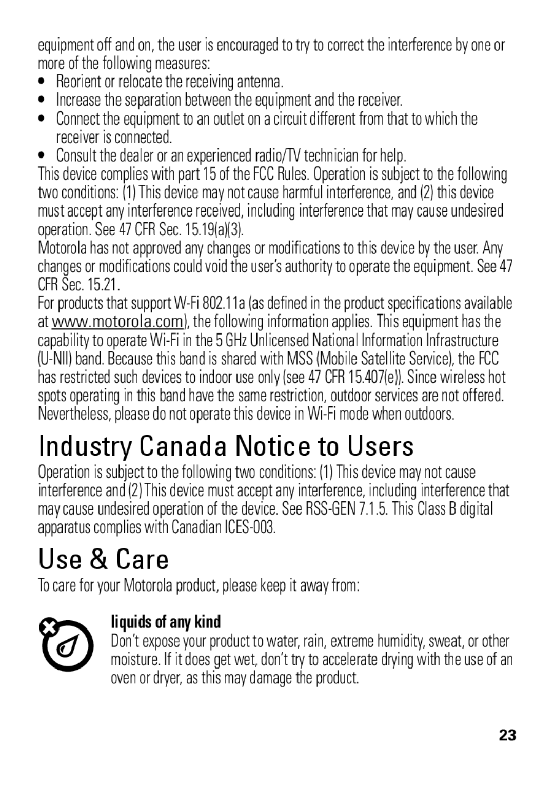 Motorola HX550 manual Industry Canada Notice to Users, Use & Care, Reorient or relocate the receiving antenna 