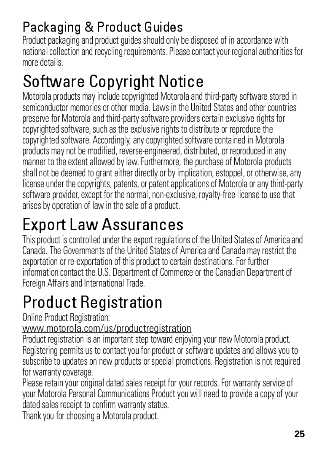 Motorola HX550 manual Software Copyright Notice, Export Law Assurances, Product Registration, Packaging & Product Guides 