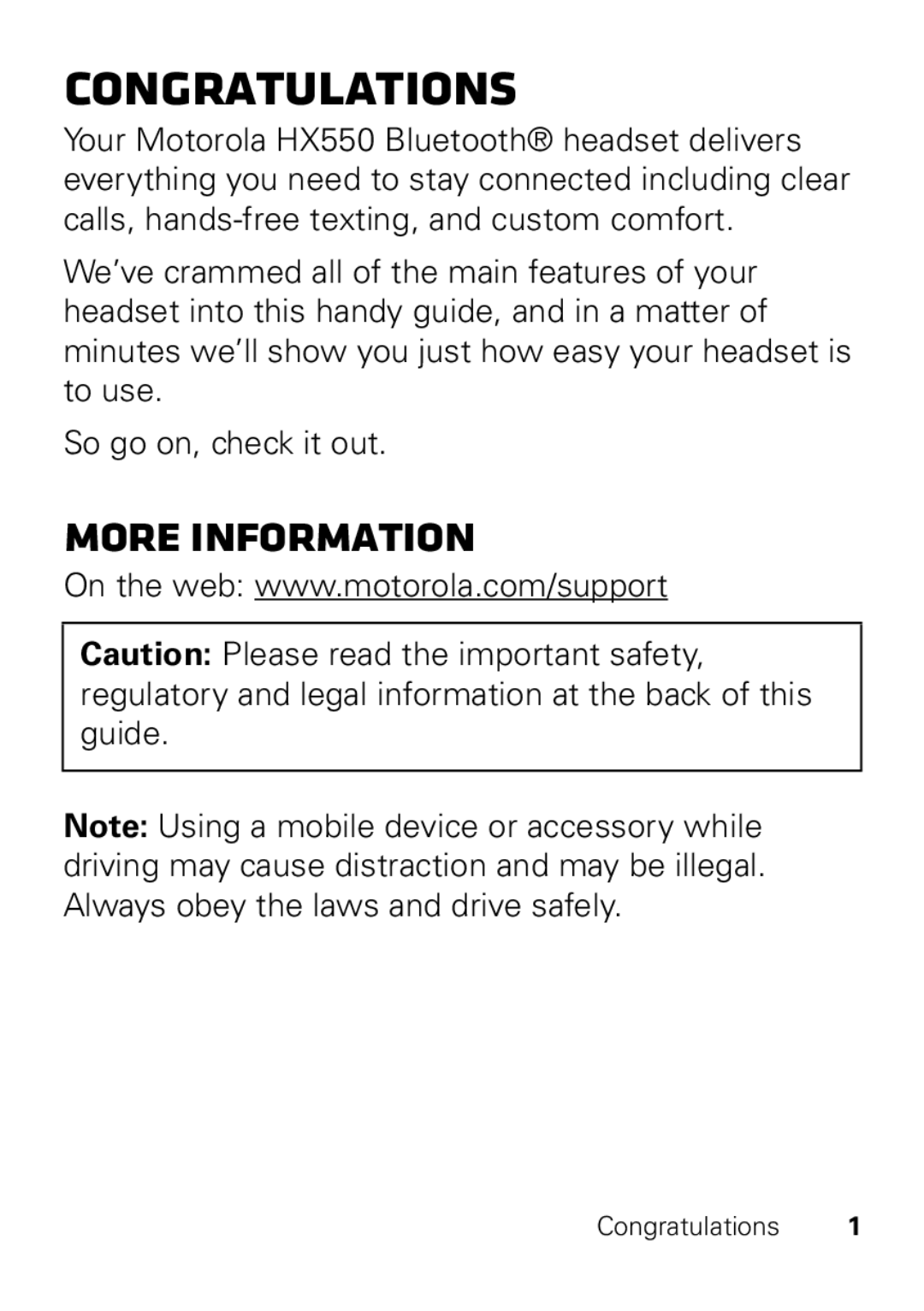 Motorola HX550 manual Congratulations, More information 