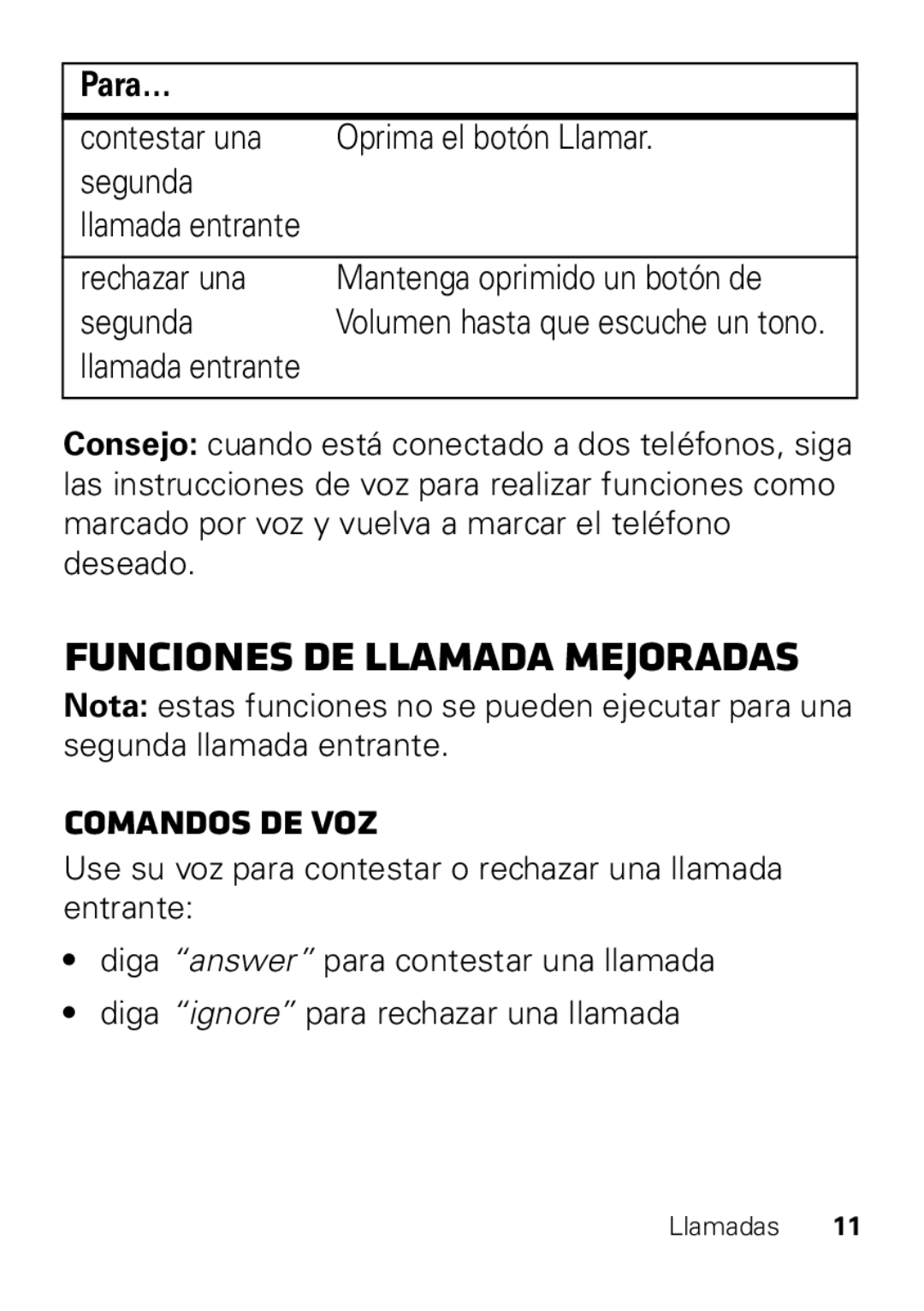 Motorola HX550 manual Funciones de llamada mejoradas, Comandos de voz, Llamada entrante, Volumen hasta que escuche un tono 