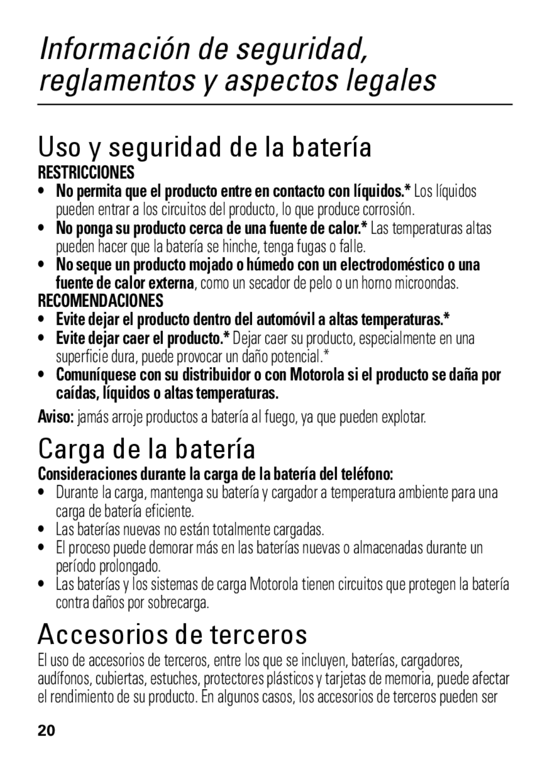 Motorola HX550 manual Uso y seguridad de la batería, Carga de la batería, Accesorios de terceros 