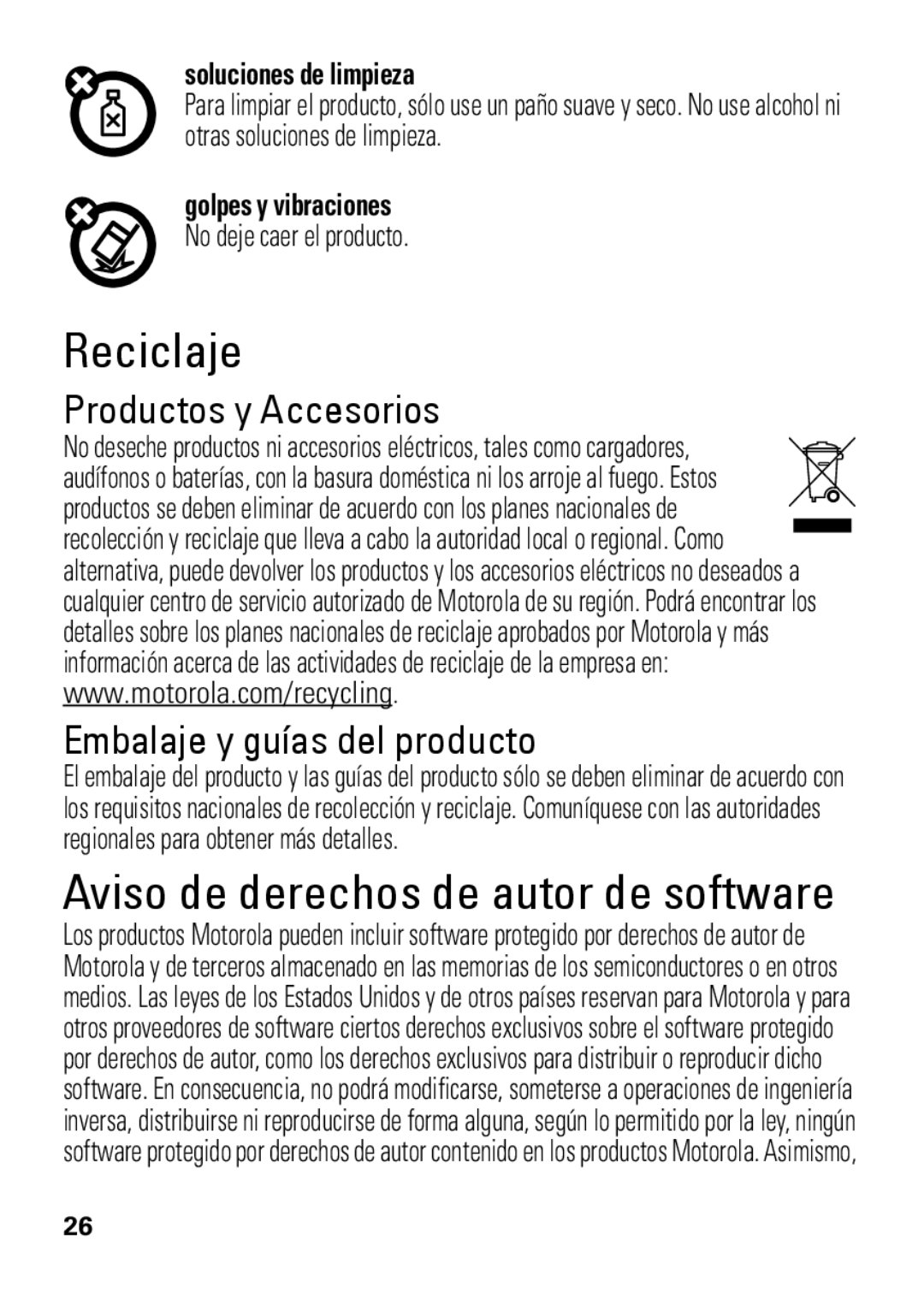 Motorola HX550 Reciclaje, Aviso de derechos de autor de software, Productos y Accesorios Embalaje y guías del producto 