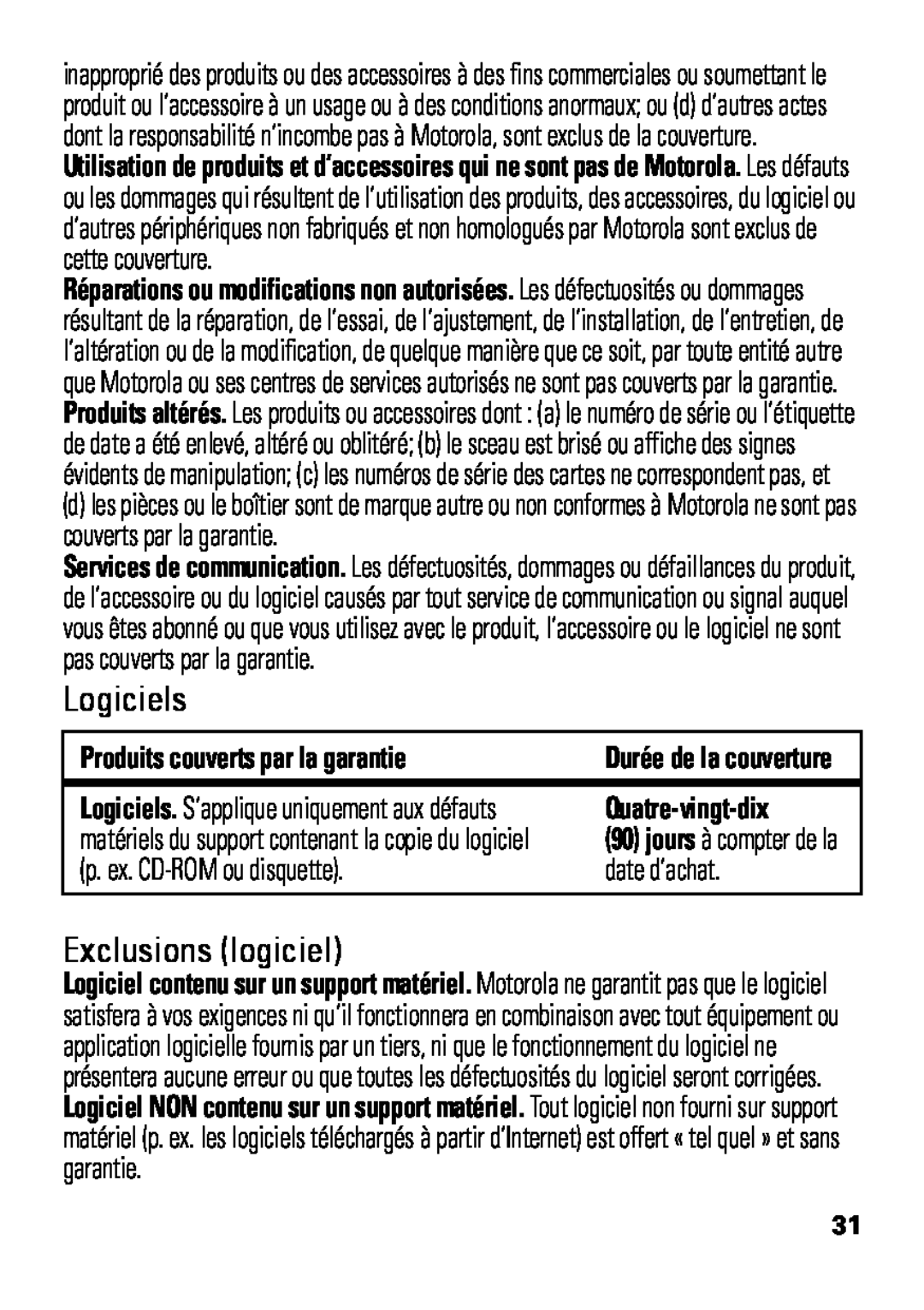 Motorola HX550 manual Produits couverts par la garantie, Quatre-vingt-dix, p. ex. CD-ROMou disquette, date d’achat 