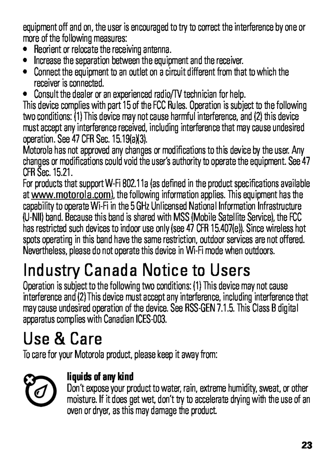 Motorola HX550 manual Industry Canada Notice to Users, Use & Care, •Reorient or relocate the receiving antenna 