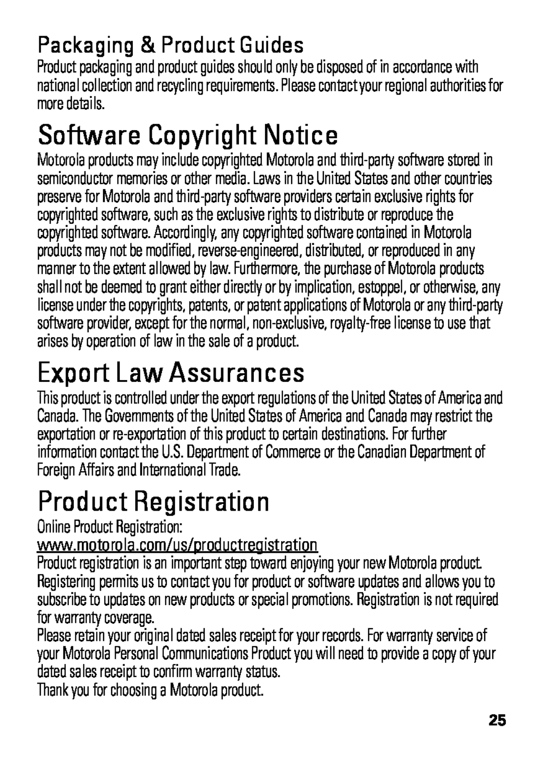 Motorola HX550 manual Software Copyright Notice, Export Law Assurances, Product Registration, Packaging & Product Guides 