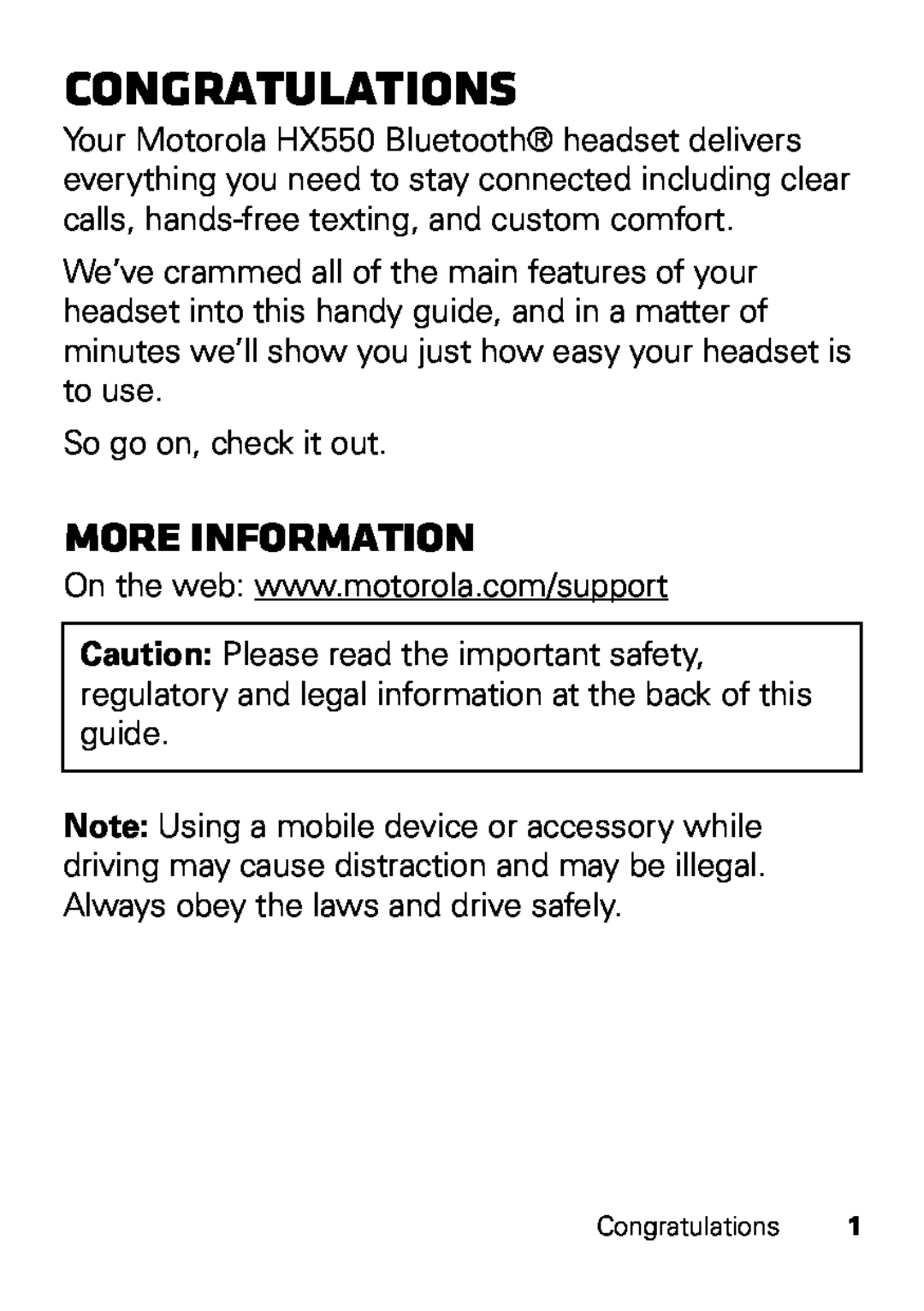 Motorola HX550 manual Congratulations, more information 