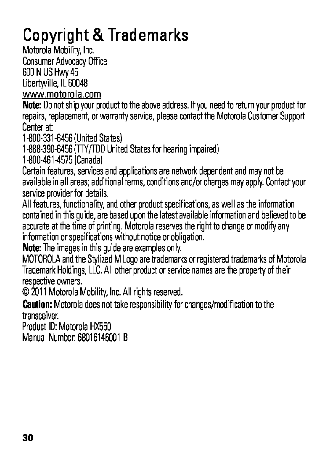 Motorola HX550 manual Copyright & Trademarks, 1-800-331-6456United States, Note: The images in this guide are examples only 