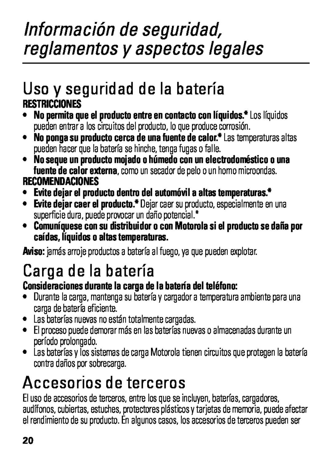 Motorola HX550 Uso y seguridad de la batería, Carga de la batería, Accesorios de terceros, Restricciones, Recomendaciones 