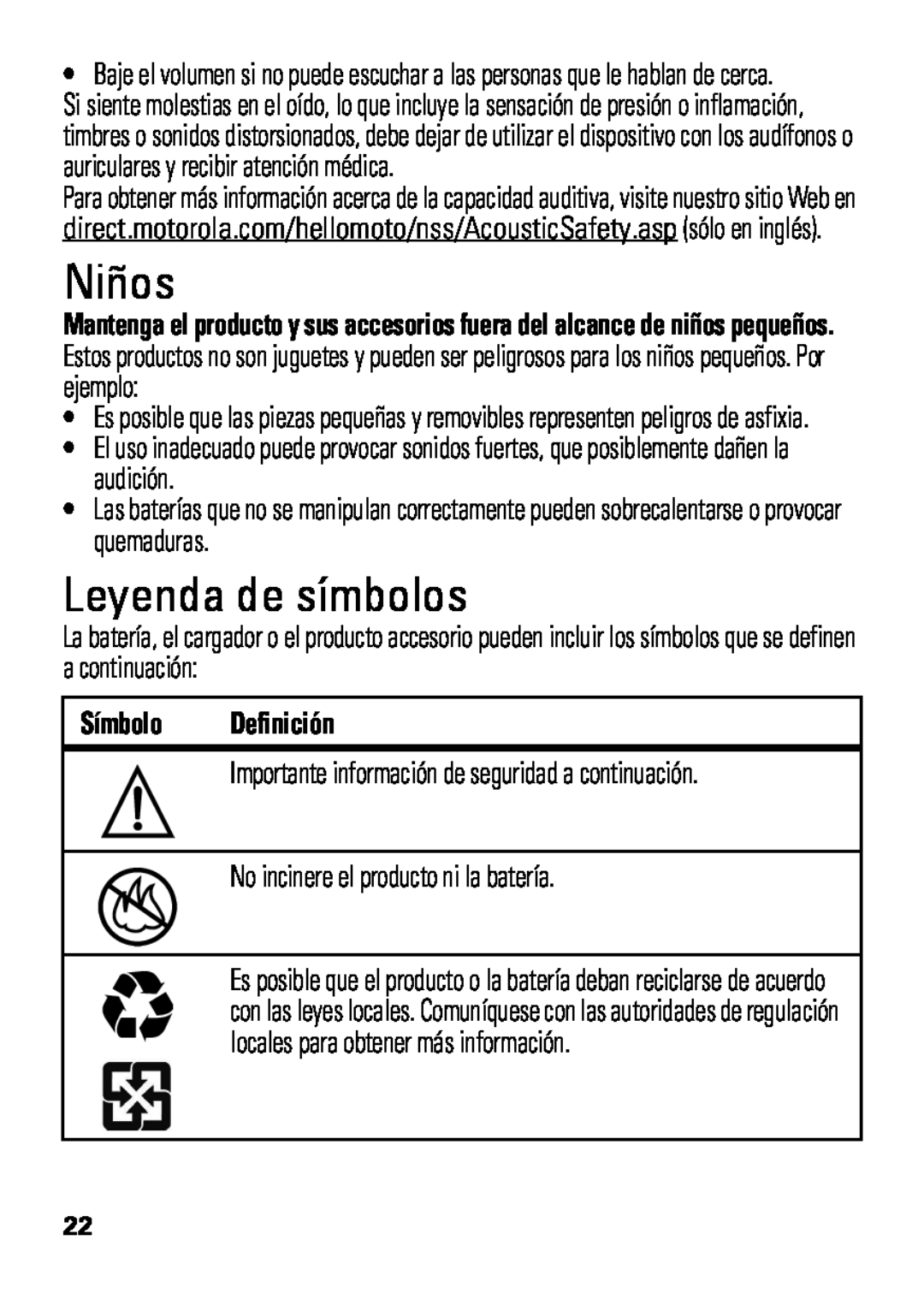Motorola HX550 manual Niños, Leyenda de símbolos, Símbolo Definición 