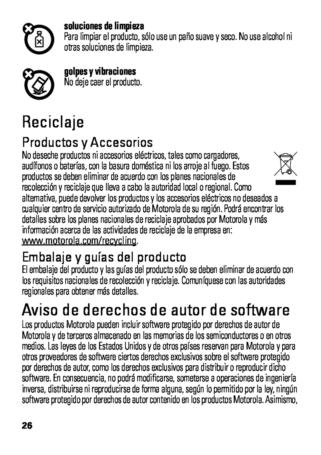 Motorola HX550 Reciclaje, Aviso de derechos de autor de software, Productos y Accesorios, Embalaje y guías del producto 