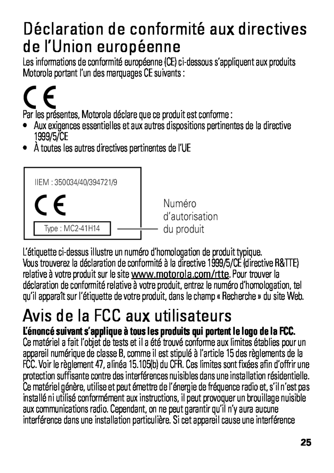 Motorola HX550 manual Avis de la FCC aux utilisateurs, Numéro 